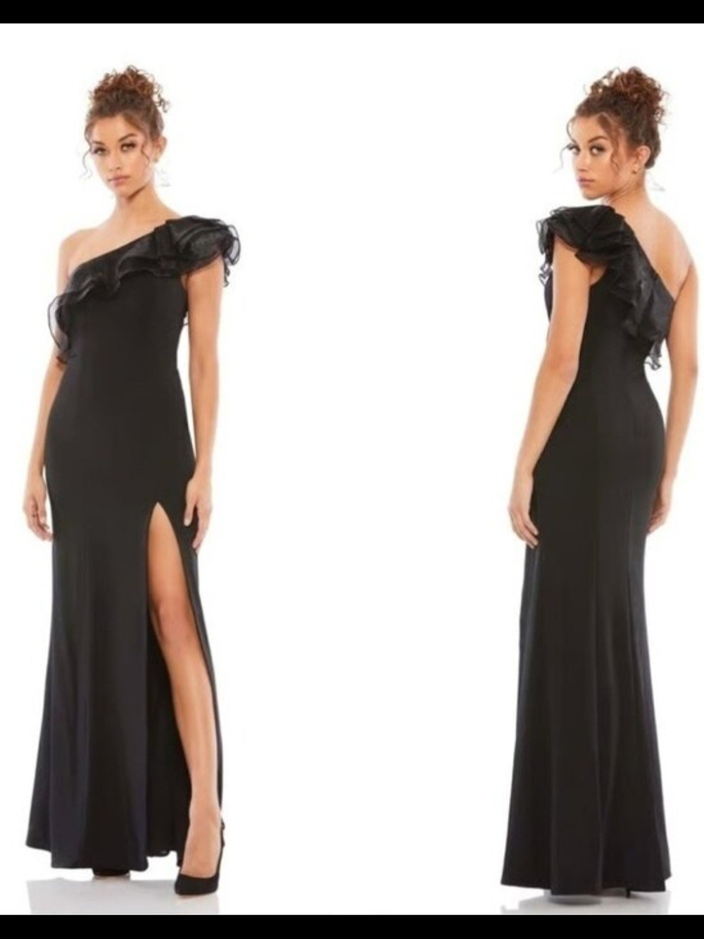 Black One-Shoulder Ruffle Evening Gown with High Slit